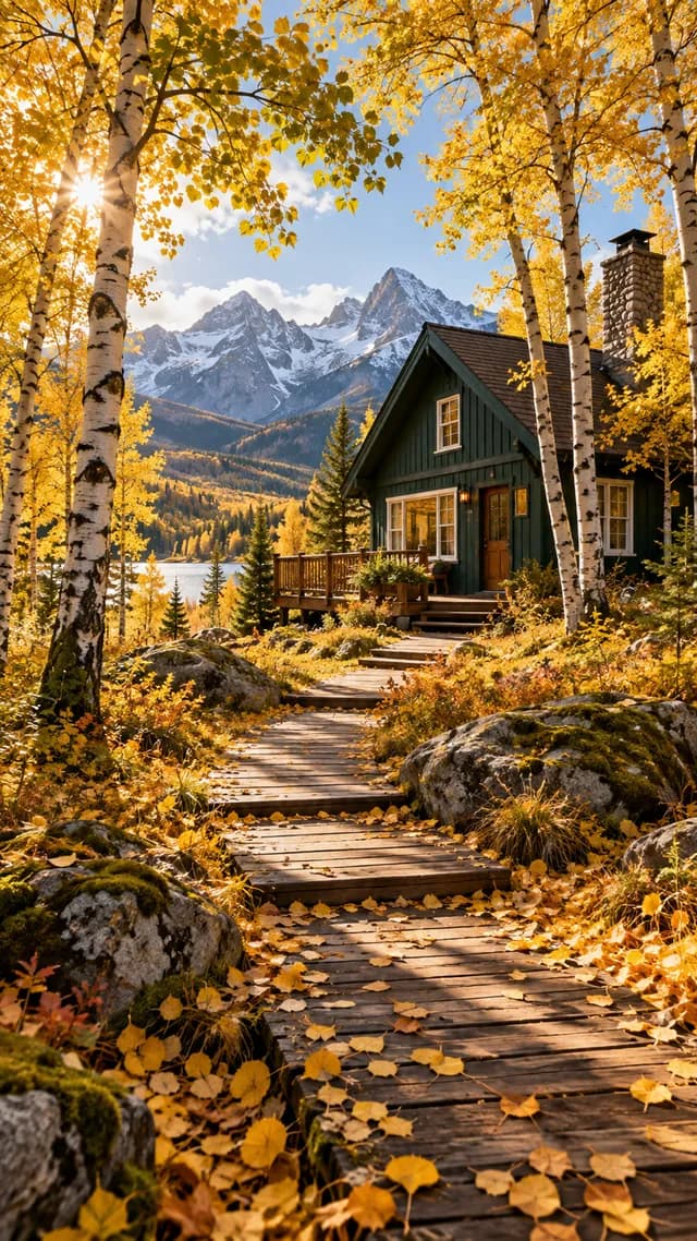 金色秋林与山间小屋