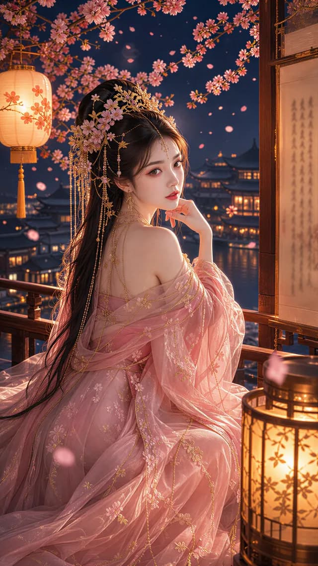 樱花夜色古风人像